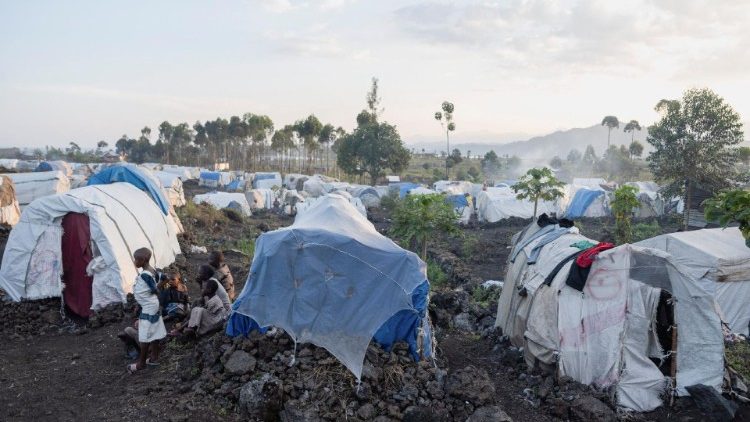 A general view shows makeshift shelters at the Mugunga camp for internally displaced people, outside Goma
