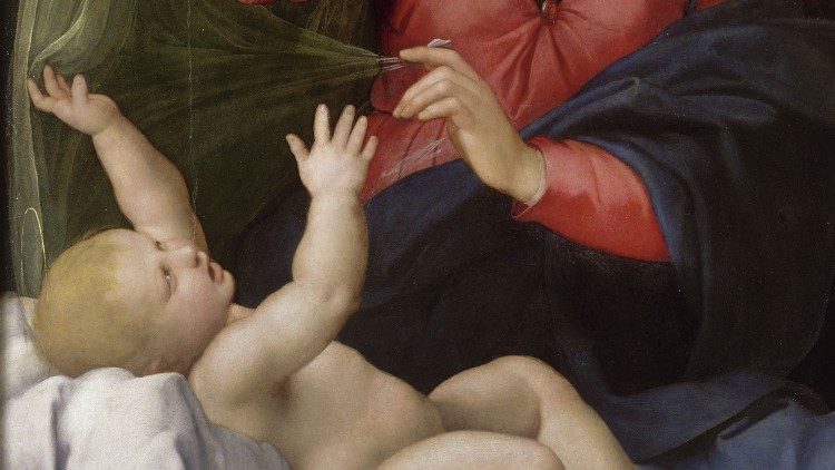 2021.07.13 dettagli Sacra Famiglia, Raffaello, Madonna del Velo, 1511-1512 ca., olio su tavola. Chantilly, Musée Condé