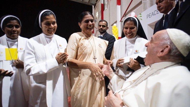 Sister Nirmala with Pope Francis during his Apostolic Visit to Bahrain in November 2022