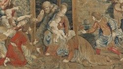 Manifattura Fiamminga, Bruxelles, bottega di Pieter van Aelst (m. Bruxelles 1532); cartone della scuola di Raffaello Sanzio, Adorazione dei Magi,  1524 - 1531, arazzo; ordito: lana; trama: lana, seta e argento dorato, cm 557 x 685, Musei Vaticani, Galleria degli Arazzi, © Musei Vaticani