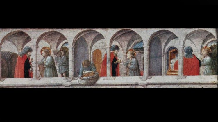 Seguace di Filippo Lippi, Opere di Misericordia, seconda metà del XV secolo, dipinto su tavola, tavola, 230×710 mm, 	Upton House, The National Trust, Banbury (Warwickshire, Regno Unito) (©Archivio Zeri)