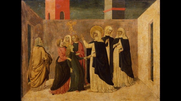 Florentinska skolan 1400-talet, predella-avdelningen: Den heliga Katarina befriar den unga Lorenza från den onde, © Vatikanmuseerna