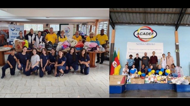 Links: Schüler des Colégio Espírito Santo sammeln Kleiderspenden für die Gruppe CES Mãos em Ação und den Lions Club Canoas Centro. Rechts: Das Team Farol Mirim des Programms Líder em Mim übergibt die mit der Gruppe CES (Mãos em Ação) gesammelten Spenden an die Associação Canoense de Deficientes Físicos (ACADEF)