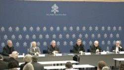 Cardinals Hollerich (centre L) and Grech (centre R) at the Holy See Press Office