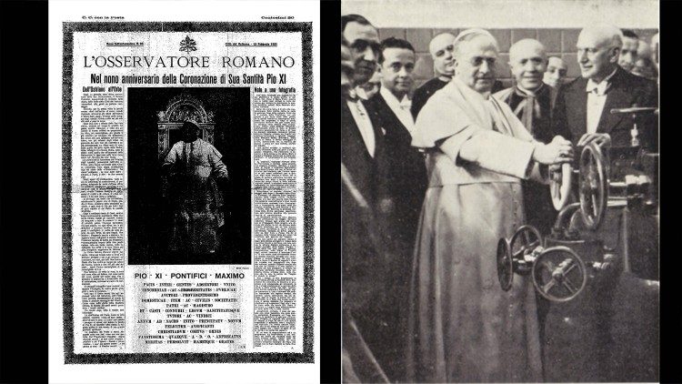 A foto de Pio XI no Osservatore Romano em que o pontífice liga o dínamo da usina elétrica do Vaticano