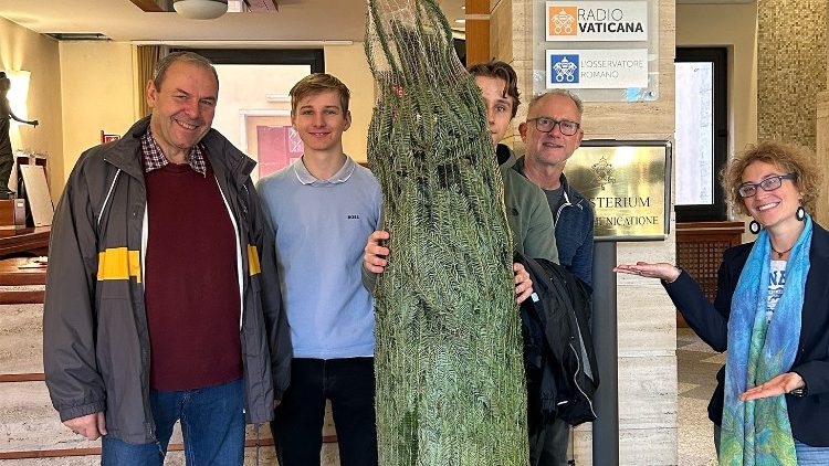 Für Radio Vatikan/Vatican News nahmen Praktikant Franz Ladenburger (2.v.l) und Stefanie Stahlhofen (rechts) den Weihnachtsbaum in Empfang