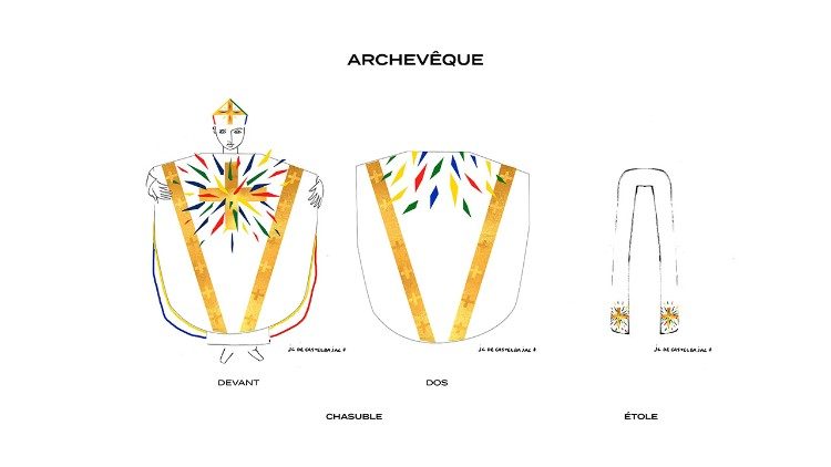 Chasuble pour archevêque créé par Jean-Charles de Castelbajac, en vue de la réouverture de la cathédrale Notre-Dame de Paris, le 8 décembre 2024. 